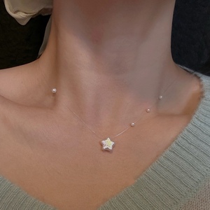 Collier de perles d'eau douce naturelles étoiles éblouissantes de fée exquise, chaîne de clavicule, ligne de pêche invisible, colliers de perles - Product Image 1