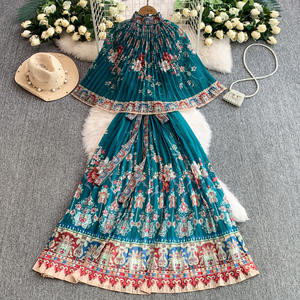 Robe cape imprimée à col montant, style ethnique, digne et élégante, pour femmes, jupe longue plissée - Product Image 6