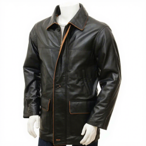 Mens Real Black Leather <b>Car</b> Coat Fold Collar Flap Pockets Sheepskin Tan Piping Trim <b>Jacket</b> Custom Vintage Mid Length Outerwear - Product Image 1