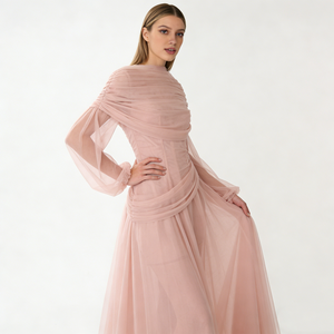 Abiti da Donna <span class=keywords><strong>Rosa</strong></span> con Collo Alto, Maniche Lunghe Trasparenti Arricciate, Vita Stretta, Vestiti Lunghi Formali da Sera e Festa - Product Image 5