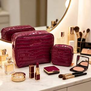Ensemble de trousses de maquillage effet crocodile brillant, logo embossé, 2 en 1, trousse de toilette de voyage pour femmes, organiseur de cosmétiques imperméable - Product Image 1