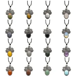 Vintage Rose Alloy Pendant Necklace Natural Healing Crystal Pendant Multicolor Gemstone Christmas Gift for Friends