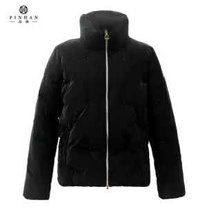 Fashion 90 white duck down coats puffer jackets with pearls black clothing glossy shiny women's jackets winter clothes for women