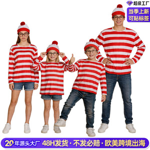 Conjunto de disfraz de Wally, camisa a rayas de manga larga, sombrero, traje de cosplay de Halloween para niñas y niños - Product Image 5