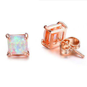 Rose Gold Plating 925 Sterling Silver Opal Square Studs Fire White Opal Stud <b>Earrings</b> - Product Image 2