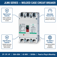 JLM6 MCCB Pemutus Sirkuit Tipe Cetak 2P 3P 4P 100A 250A 400A 630A AC400V Pengaturan Trip yang Dapat Disesuaikan Industri IEC60947-2