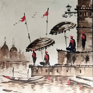 Tableau d'art intérieur, drapeaux rouges, style classique, peinture artisanale, paysage de Banaras Ghat, peint à la main, acrylique, toile, peinture aquarelle - Product Image 1