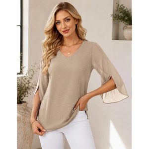Women Blouse V Neck 3/4 Flutter Sleeve <b>Sequin</b> Chiffon Asymmetric Tunic <b>Top</b> Everyday Wear Sheer Layer Design - Product Image 4