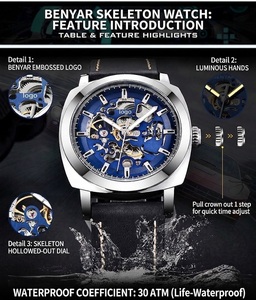 Montres mécaniques automatiques pour hommes, nouvelle mode, en cuir véritable, ajourées, étanches, pour le sport, vente en gros - Product Image 4