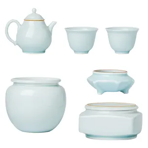 Juego de té de cerámica Zhong's Kiln, tetera de 6 piezas, taza de té de porcelana Ru, tazón de té de cerámica Kung Fu, juego de caja de regalo para invitados de oficina en casa