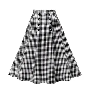 Faldas Midi largas elegantes con botones de doble botonadura a cuadros en blanco y negro para mujer, falda de columpio de cintura alta Vintage A Line SR165