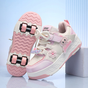 Zapatillas deportivas para niños con ruedas ocultas, parte superior de malla, suela de goma, entresuela de EVA, para niñas, zapatillas de moda. - Product Image 4