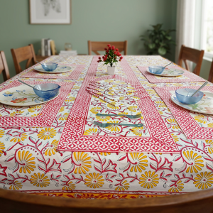 Nappe rectangulaire élégante en toile légère et antidérapante, motif floral imprimé au bloc indien, pour la décoration de table. - Product Image 3