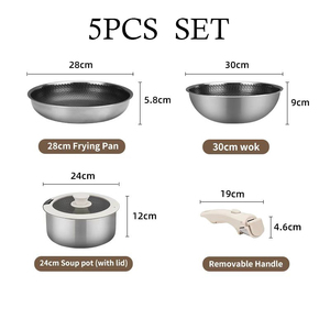 5/10 Pcs Có thể tháo rời xử lý 3-ply thép không gỉ Cookware Set tổ ong không dính nấu ăn chậu và chảo với <span class=keywords><strong>Silicone</strong></span> kính nắp - Product Image 6
