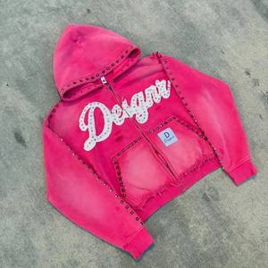 Streetwear personnalisé vieilli lavé 100% coton sweat à capuche zippé Boxy poids lourd soleil fané strass sweats à capuche zippés costume short - Product Image 2