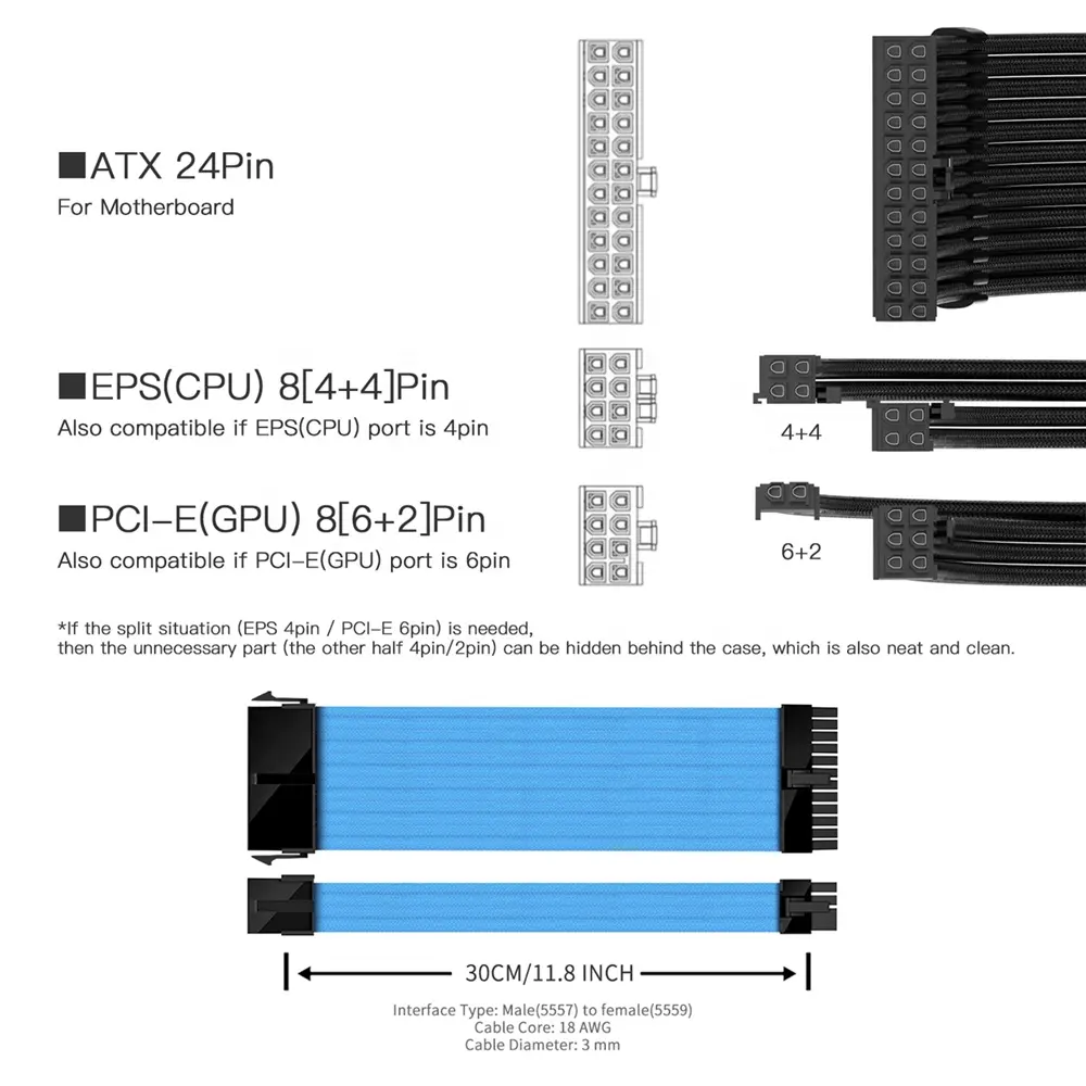 CPU EPS 8pin Psu cavo di prolunga Kit multicolore scegliere 300mm cavo singolo Mod per Computer Gaming Case con pettine