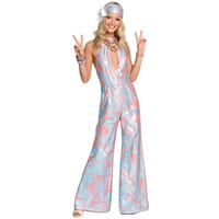 Costume de disco des années 70 pour femmes, combinaison à imprimé marbré rose et bleu, coupe halter avec découpes, avec bandeau assorti, robe de soirée rétro à pattes d'éléphant