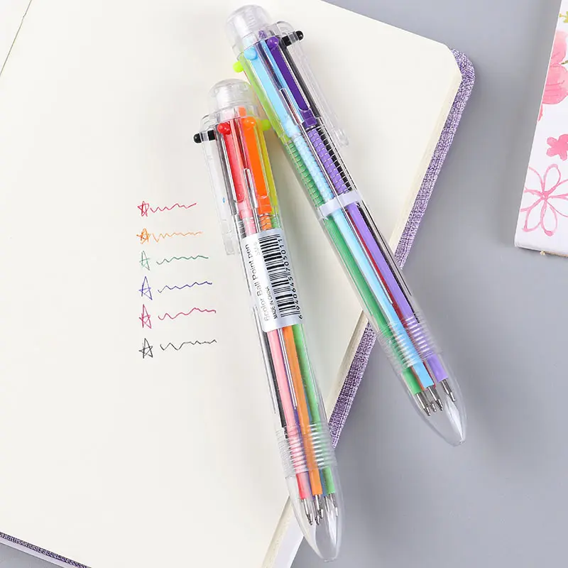Ofis okul malzemeleri öğrenci için 0.5mm 6-in-1 renkli tükenmez kalem 6 renk şeffaf varil geri çekilebilir tükenmez kalemler