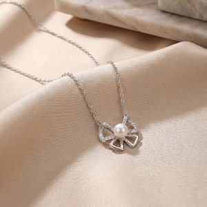 Dainty Handmade Natural Freshwater Pearl Necklace <b>Silver</b> Color Copper Jewelry Elegant Bow-knot <b>Choker</b> for Women Girls Gift - Product Image 5