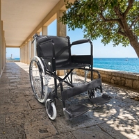 Fauteuil roulant manuel AJ-804 économique, rond, rigide, avec revêtement en poudre noir et frein à main