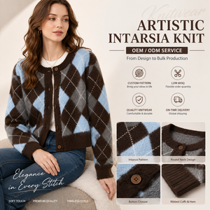 <span class=keywords><strong>Cardigan</strong></span> da <span class=keywords><strong>Donna</strong></span> in Maglia Stile Preppy con Collo a Girocollo e Maniche Lunghe, Design Argyle all'Uncinetto per l'Inverno, Produzione ODM OEM all'Ingrosso - Product Image 1