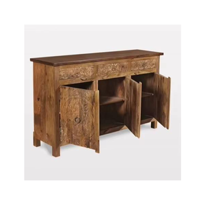 Buffet d'appoint traditionnel en bois avec panneaux gravés à la main et un grand rangement multi-étagères pour un style élégant - Product Image 5