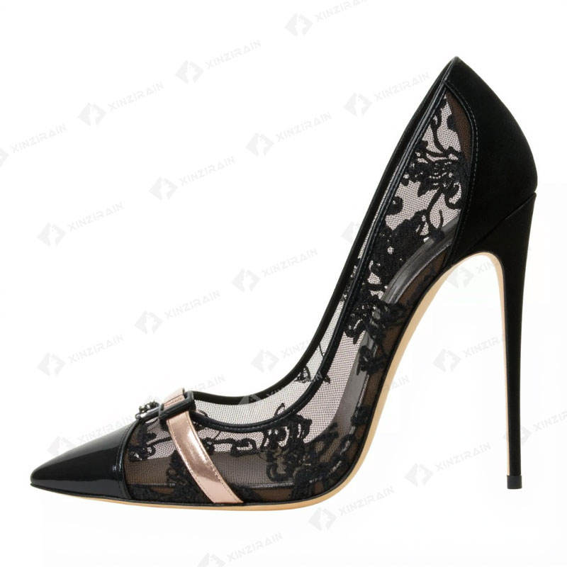 Xinzirain Custom Fashion Design Sheer Pointed Toe Lace and Patent