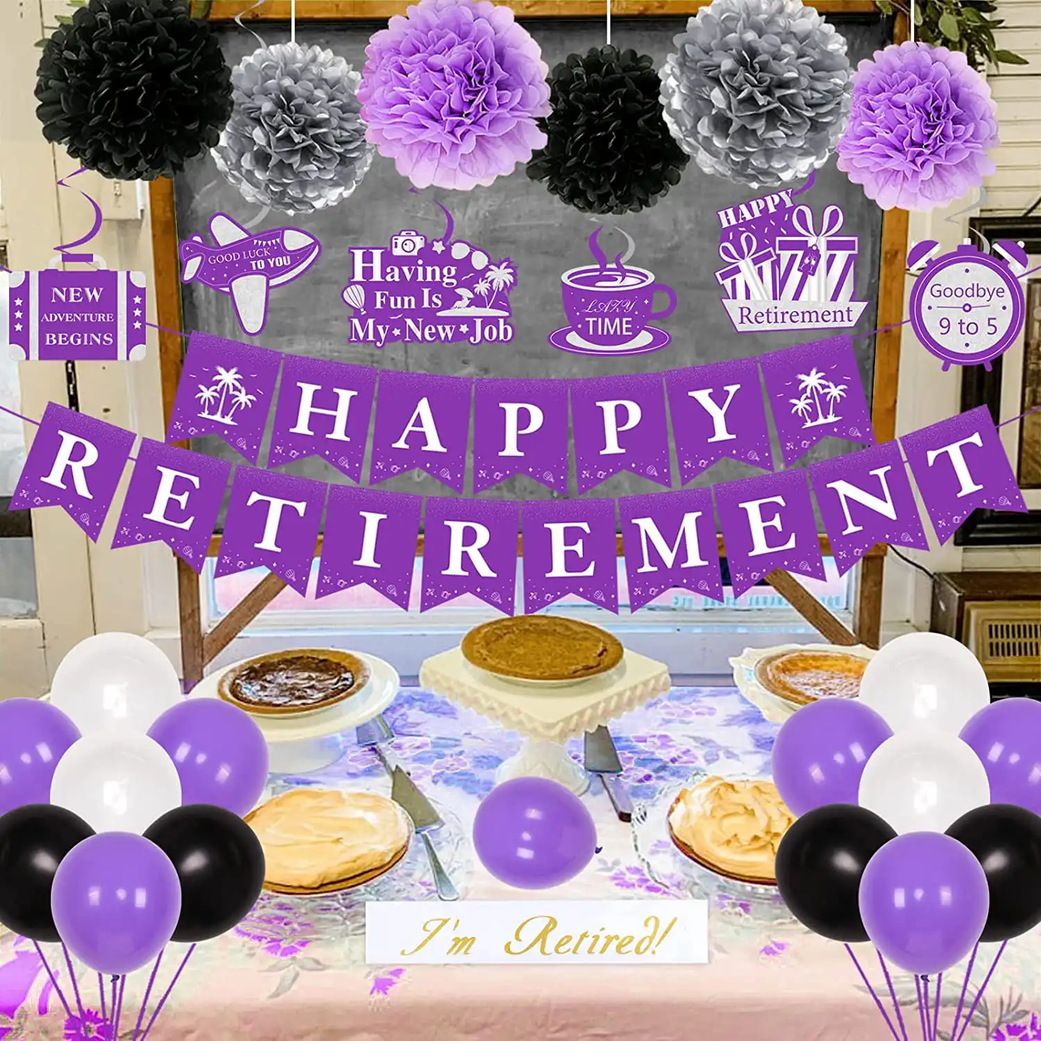 Faixa de banner de feliz aposentadoria, flores de papel pom poms e balões, decoração de suspensão, suprimentos para aposentadoria