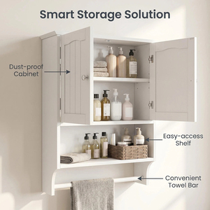Armoire murale <span class=keywords><strong>de</strong></span> salle <span class=keywords><strong>de</strong></span> bain <span class=keywords><strong>blanche</strong></span>, rangement au-dessus des toilettes, armoire à pharmacie en bois, 2 portes, étagère ouverte, <span class=keywords><strong>porte</strong></span>-serviettes, montage mural, OEM personnalisé - Product Image 1