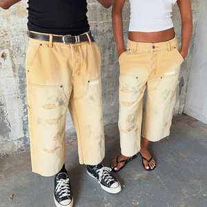 Custom Denim <b>3</b>/<b>4</b> Long <b>Shorts</b> For Men Distressed Raw Hem Straight Streetwear Carpenter Jorts Hommes Vintage Washed Denim <b>Shorts</b> - Product Image 1