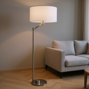 Lampe de sol en nickel brossé, base en métal, abat-jour en lin blanc, éclairage moderne pour la maison, source de lumière LED, base E26 - Product Image 2