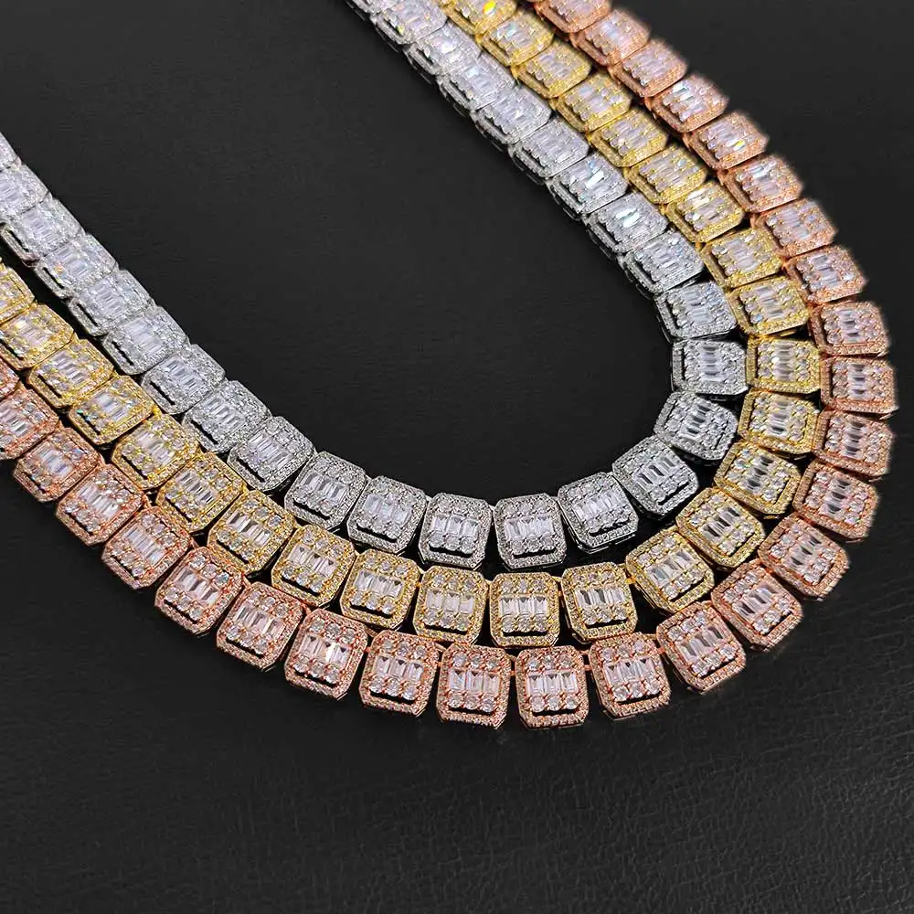 Hip Hop Herren 13mm Iced Out vergoldete quadratische Baguette Halskette Link Chain Clustered Tennis Halskette in Weißgold