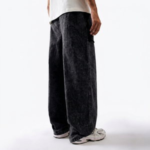 Nouveau pantalon décontracté pour homme en toile délavée, respirant, léger, coupe large, taille élastique, taille mi-haute, noir - Product Image 1
