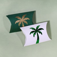 Boîte rigide portable de luxe en forme d'oreiller, avec estampage à chaud motif palmier, recyclable et écologique, pour emballage de bonbons, snacks et cadeaux de fête