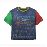 T-shirt multicolore épais délavé style vintage, manches color block, T-shirt streetwear vieilli effet soleil délavé avec strass