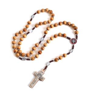 Rosario Católico Mecrt con Crucifijo, Cuentas de Madera Retro, Aleación, Cruz de Jesús, Colgante de la Virgen María, Collar de Rosario - Product Image 5