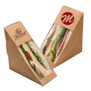 Özel Logo üçgen tek gıda sınıfı kağıt ambalaj Kraft kağdı sandviç kutusu ile pencere