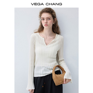 VEGA CHANG Top de Punto Delgado con Cuello en V y Pequeña Abertura Vertical en Color Gris Jaspeado para Mujer, Tejido Acanalado de Color Sólido - Product Image 2