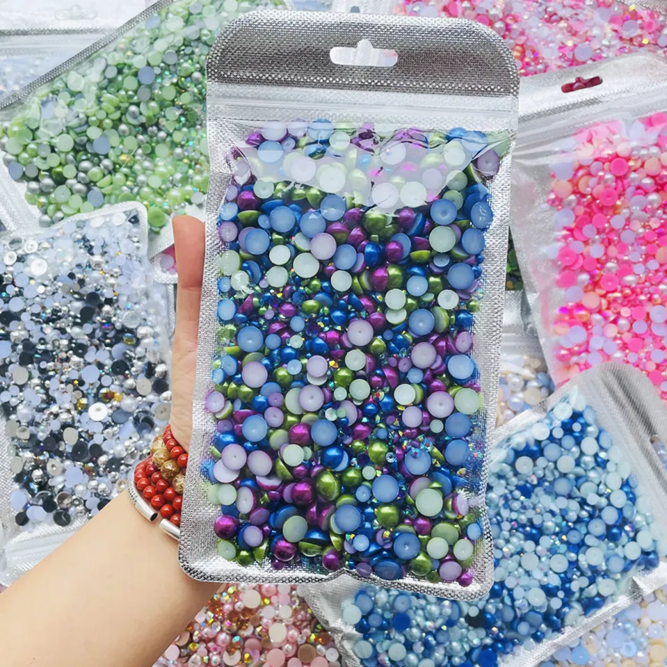 Akzeptieren Sie kunden spezifische Größe/Farbe 5000pcs 150 gr/beutel Mix Größe Farbmischung ABS Half Pearl Resin Strass für Kleidung Dekorationen DIY