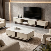 Table Basse Ovale Moderne Italienne Pliable en Pierre, Écologique et Extensible, avec Meuble TV Intégré pour Appartements