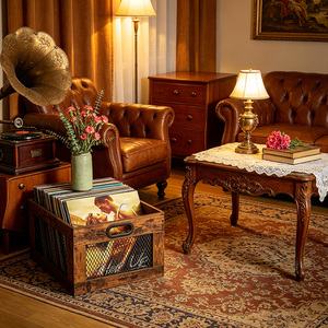 <span class=keywords><strong>Caisse</strong></span> à disques vinyles en bois style ferme avec côtés en maille pour collections de LP - Product Image 5