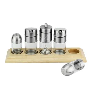 Hot Sale Kitchen Tools Wooden Rack Stainless Steel Salt And Pepper Shaker Set Oil And Vinegar Cruet Set For Home Kitchen Using