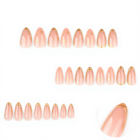 Faux ongles en amande moyennes à presser avec bordure en feuille d'or 3D, ongles en acrylique rose nude avec motif étoile pour usage quotidien, fêtes et mariages