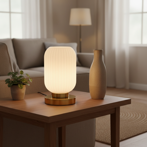 Lámpara de Mesa Moderna Nórdica de Vidrio con Pantalla Ovalada Acanalada, Control Táctil, con Cable, Luz Ambiental para Dormitorio, Sala de Estar, Decoración - Product Image 6