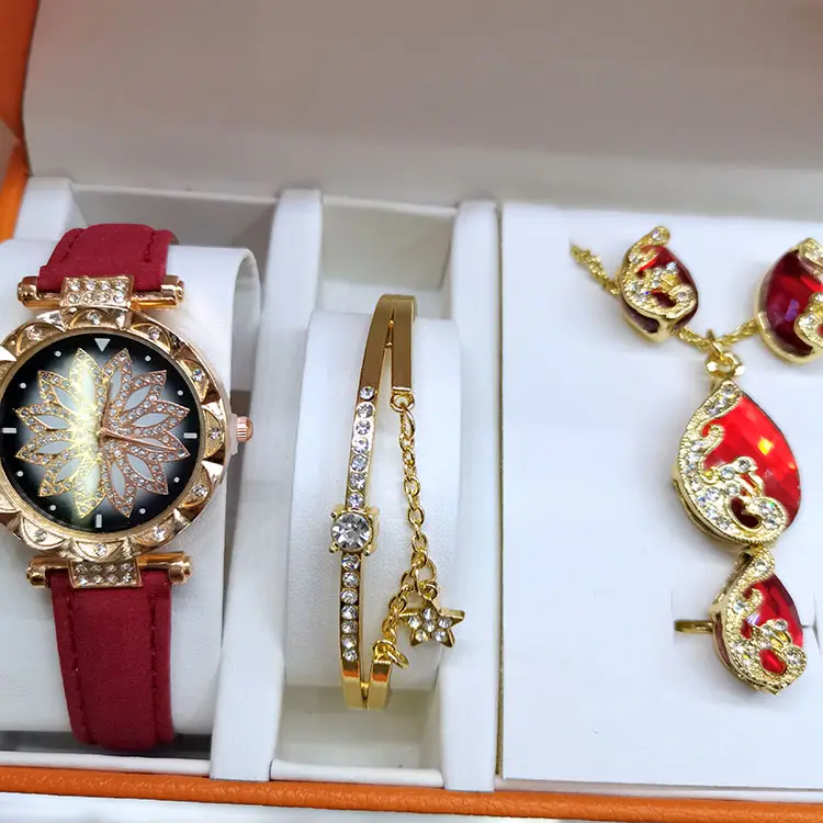 2021 Hot Selling 6 Pcs Pu Watch Set Colorful Drop Pendants Earrings Bangle Jewelry Set For Women