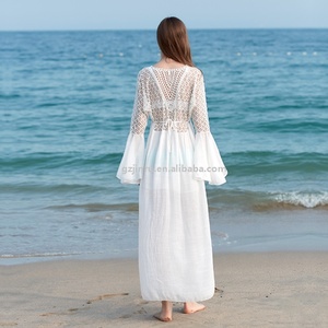 JINRU Factory luxury hollow out sexy handmade yarn lace bikini cover up cotton abito lungo da <span class=keywords><strong>spiaggia</strong></span> bianco a maniche lunghe da donna - Product Image 4