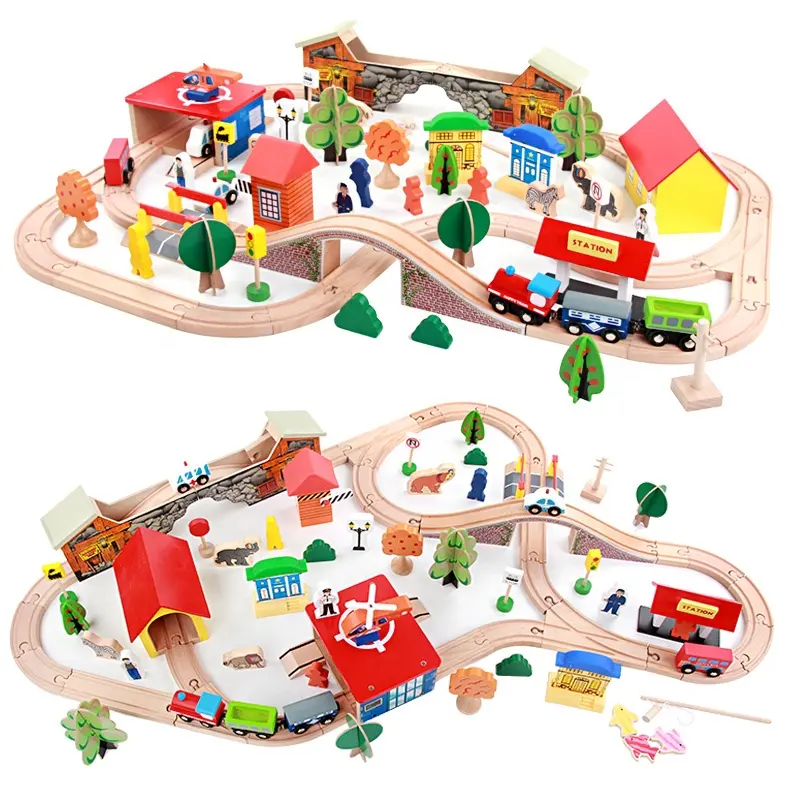 Rails en bois pour enfant, jouet de Construction, blocs de Train en bois, 89 pièces, pour les petits