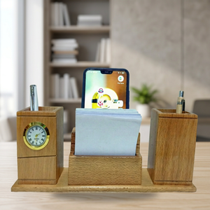 Bamboo <b>Desk</b> Organizer With Clock <b>Phone</b> Stand And Pen <b>Holder</b> Multifunction Office Gift Simple Style - Product Image 4