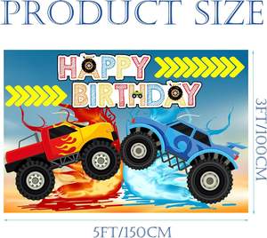 Toile de fond photo sur le thème du Monster Truck flamboyant pour anniversaire, fête prénatale, bannière de fête à domicile, personnalisable - Product Image 2