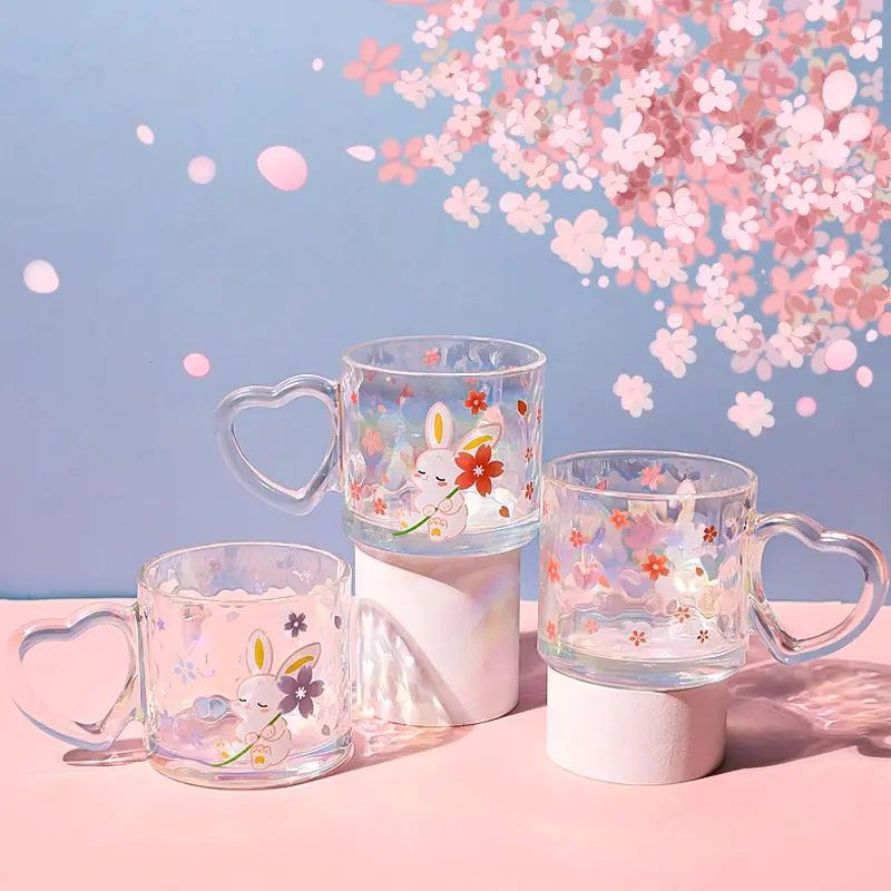 Seaygift créatif coeur poignée petit déjeuner latte lait tasses en verre mignon dessin animé fleur lapin sakura verre tasses à café avec cuillère